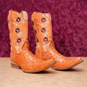 Los Canelos Women Orange Tan Leather Flower Cowboy Pointy toe Boots sz 9
